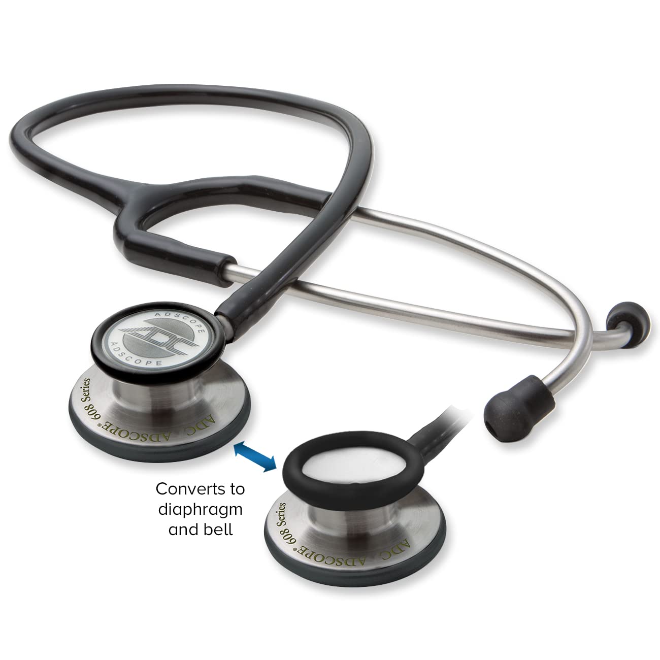 ADC Adscope 608 Convertible Clinician Stethoscope with Tunable AFD Technology, Adult Diaphragm and Adult Bell or Pediatric Diaphragm, 31 inch Length, Black