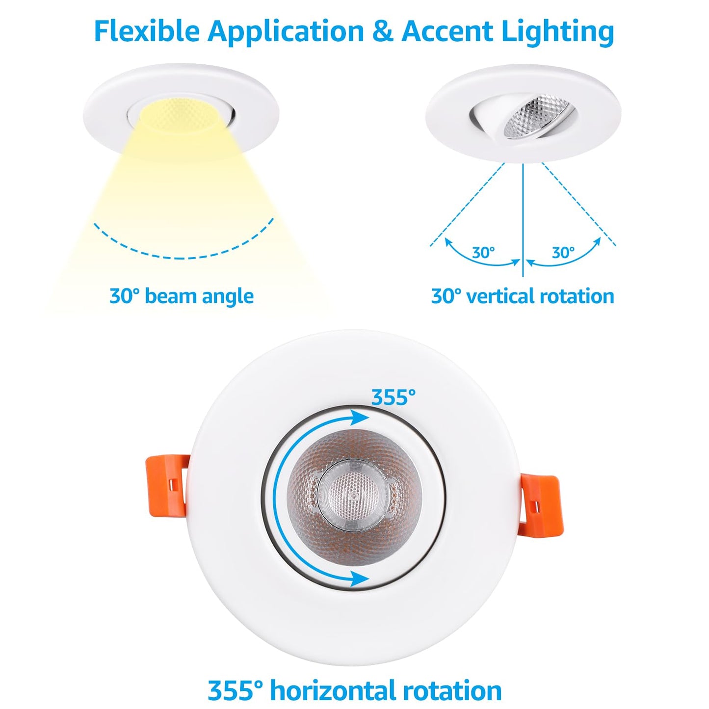 TORCHSTAR 3 Inch Gimbal LED Recessed Light with Junction Box, CRI 90+ Dimmable Swivel Adjustable Eyeball Downlight, 7W (50W Eqv.), Canless LED Ceiling Light, 3000K Warm White, White, Pack of 6