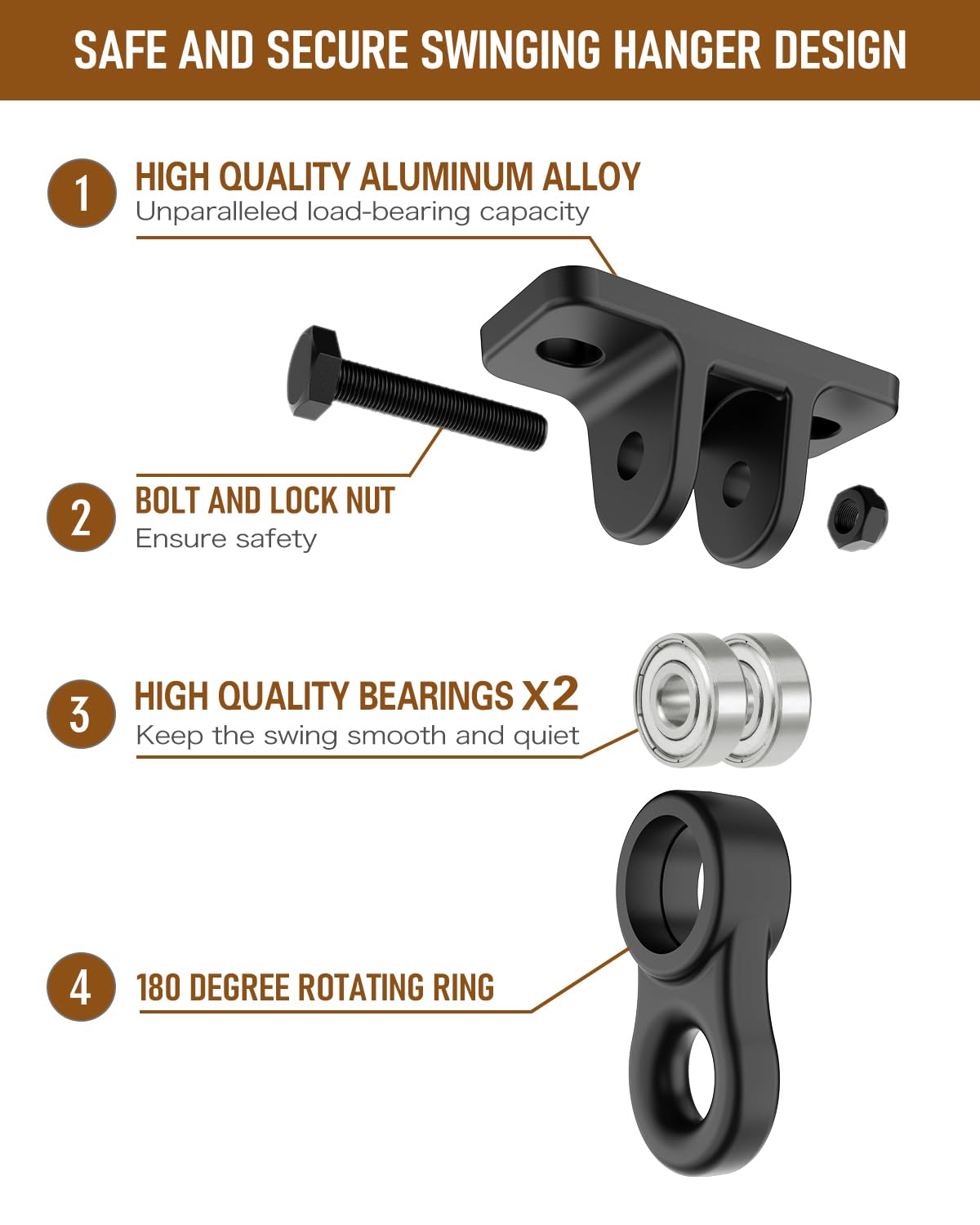 Heavy Duty Porch Swing Hangers Kit, with Screws Bolts for Wooden Sets Playground Porch Patio Yoga Seat Indoor Outdoor Hanging Snap Hooks (4 Pack Black)