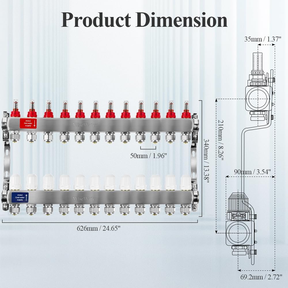AB 12 Loop PEX/Radiant Manifold, 1/2 Inch Compatible Outlets, Up to 1.4 GPM Flow Valve for Hydronic Radiant Floor Heating (1/2" Connectors Included)