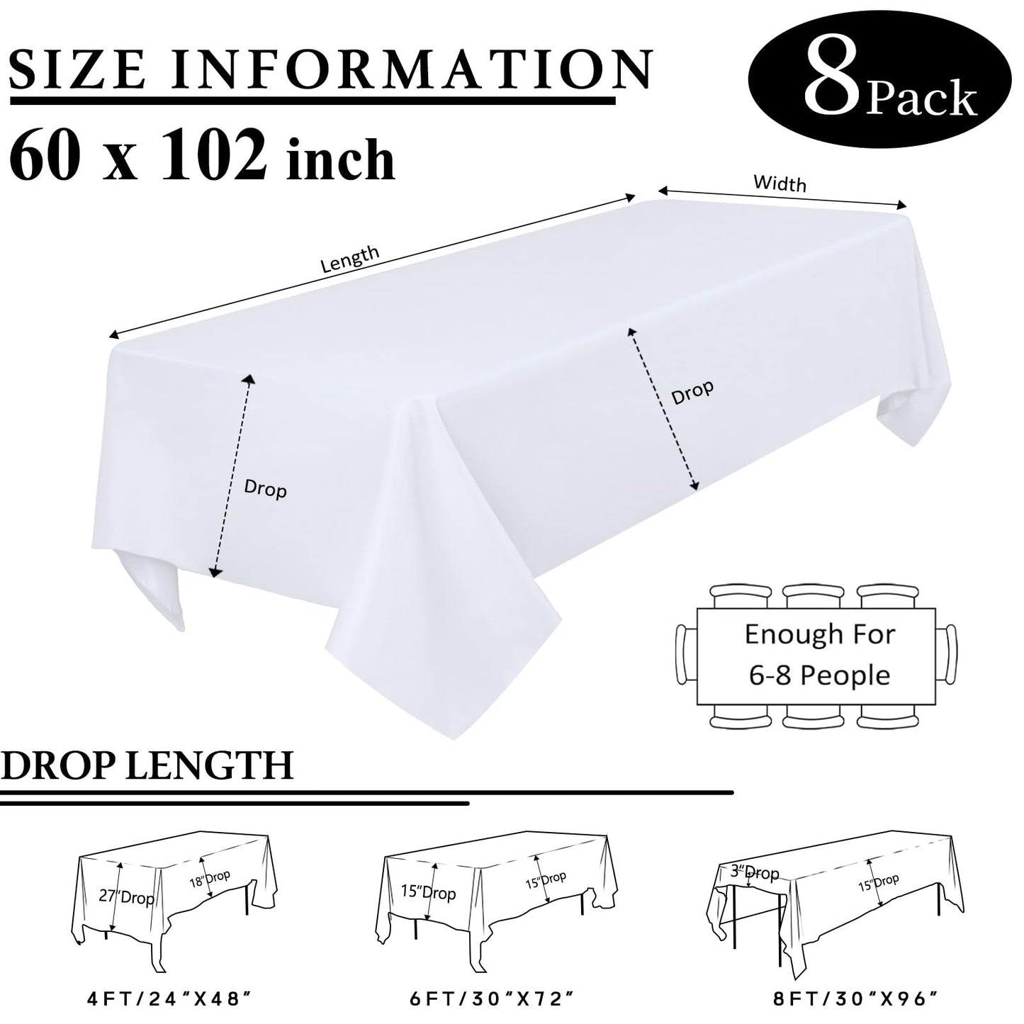 8 Packs White Table Cloth Rectangle 60x102 Inch for 6 Foot Rectangle Tables, Wrinkle Resistant Polyester Fabric Tablecloth Washable Rectangular Table Covers for Dining Wedding Party Buffet