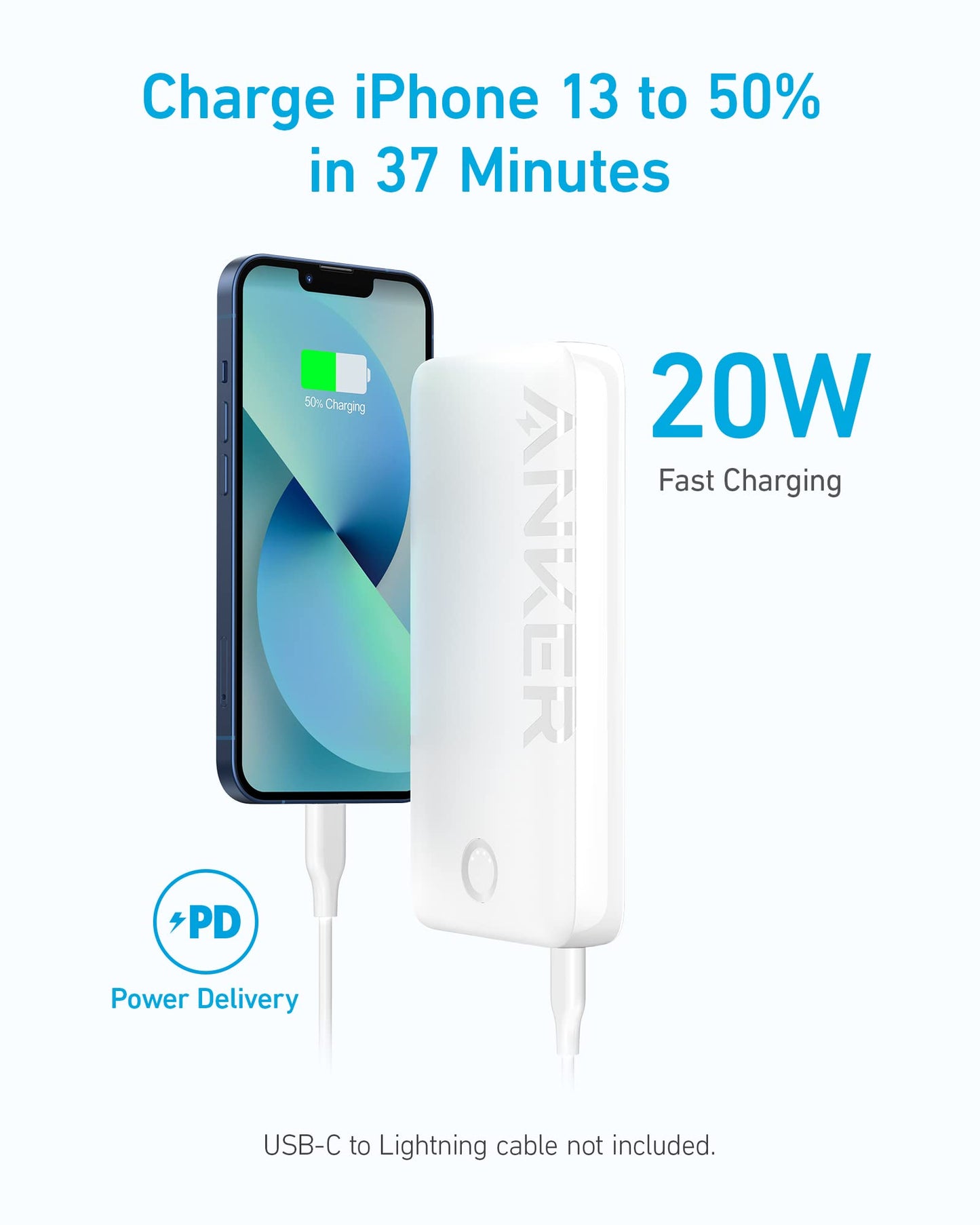 ANKER Power Bank, 20,000mAh Portable Charger with 22.5W Max Fast Charging, 2 USB-A, 1 USB-C for iPhone 16/15/14/13/12 Series, Samsung, iPad Pro, AirPods, Apple Watch, and More