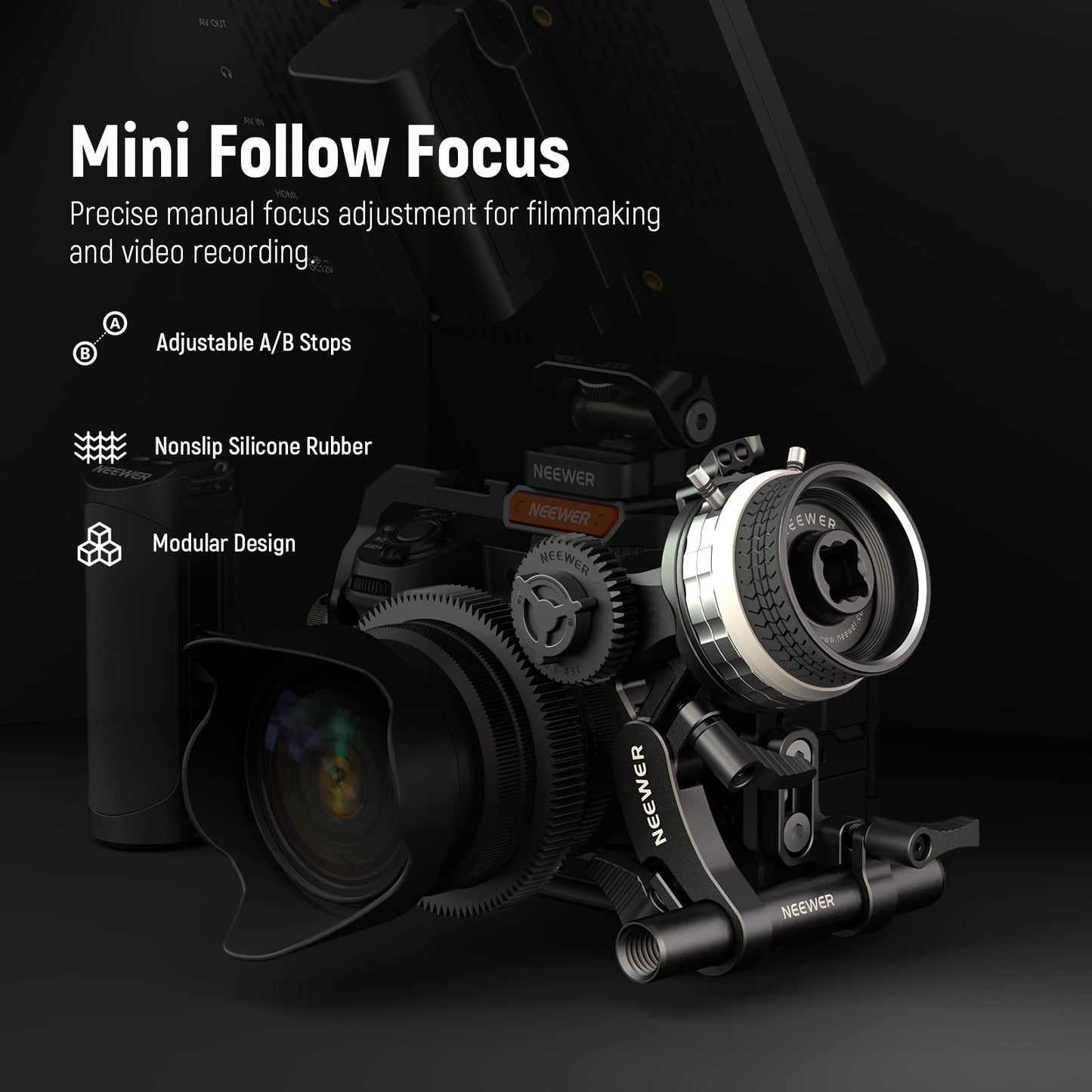 NEEWER Mini Follow Focus with A/B Stops, Lens Gear Ring, 15mm Rod & Rod Clamp for Cinema Camera, DSLR/Mirrorless Camera, Compatible with Lens Diameter Up to 114mm, PG001 (Silver)