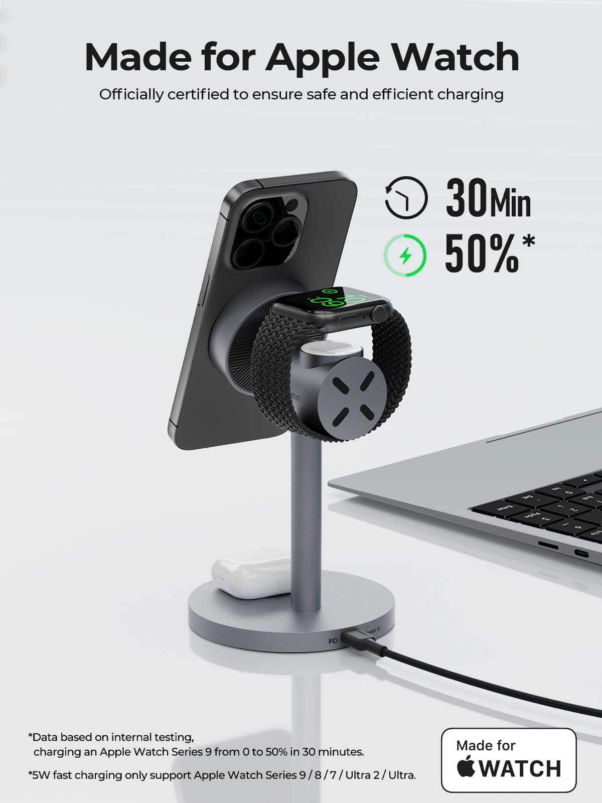 AMEGAT MagFusion 3-in-1 Charging Station MagSafe-Compatible, Qi2 Certified 15W Wireless Charger Stand, Apple Watch Charger, for iPhone 16/15/14/13/12, AirPods (30W PD Charger Included)