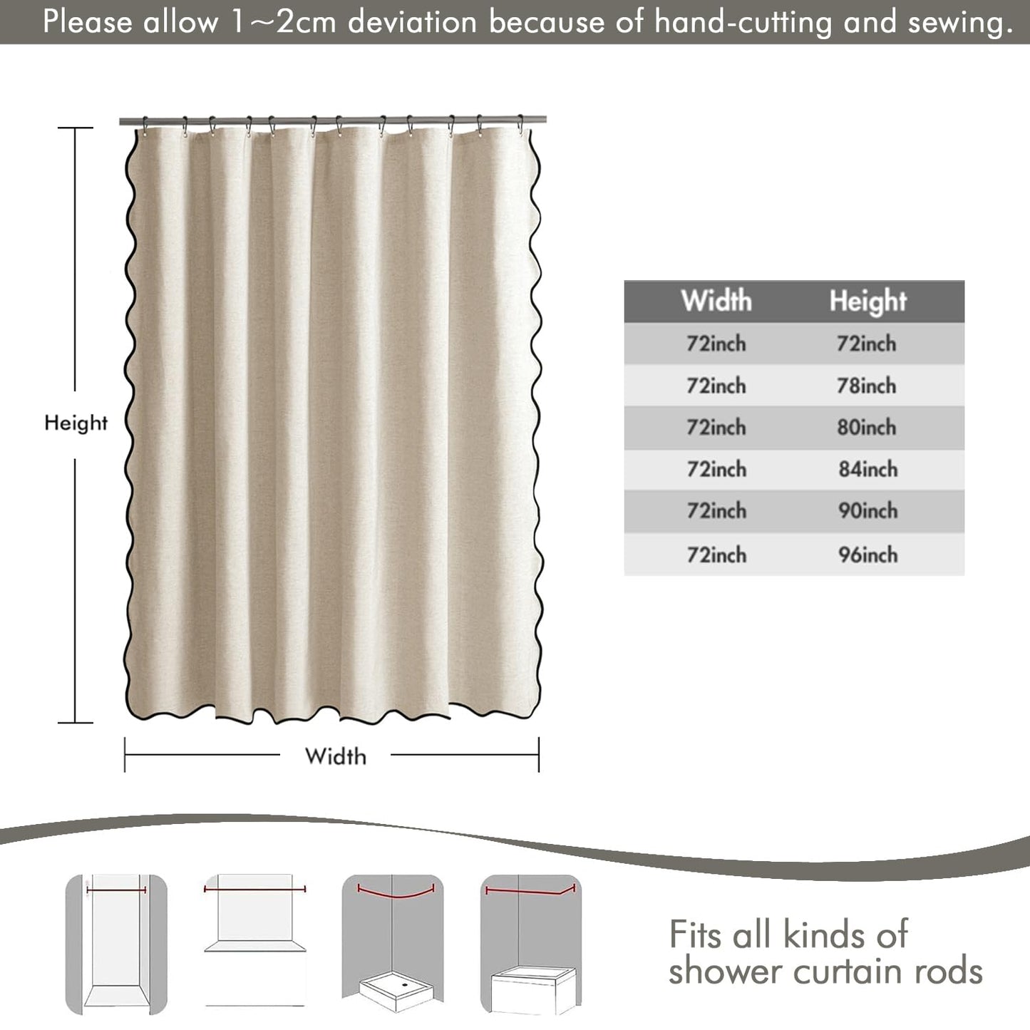MIULEE 96" Long Scalloped Shower Curtain Linen Textured with 12 Metal Hooks Cute Extra Long Heavy Duty Washable Waterproof Cloth Shower Curtains with Black Border for Bathroom Hotel Bathtub,Beige