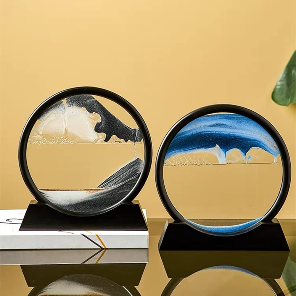 Arthink Moving Sand Art Picture in Motion Round Glass 3D Deep Sea Landscape, Dynamic Sand Art Sandscapes, Sensory Relaxing Desktop Table Decor Desk Decor Art Desk (12 inch, Black)