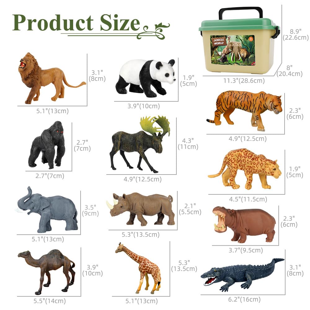 Mini Tudou 12 Pieces Safari Animal Figures with Large Play Mat 57" x 38.6" Realistic Wild Zoo Animals Game with Elephant, Giraffe, Lion for Boys and Girls