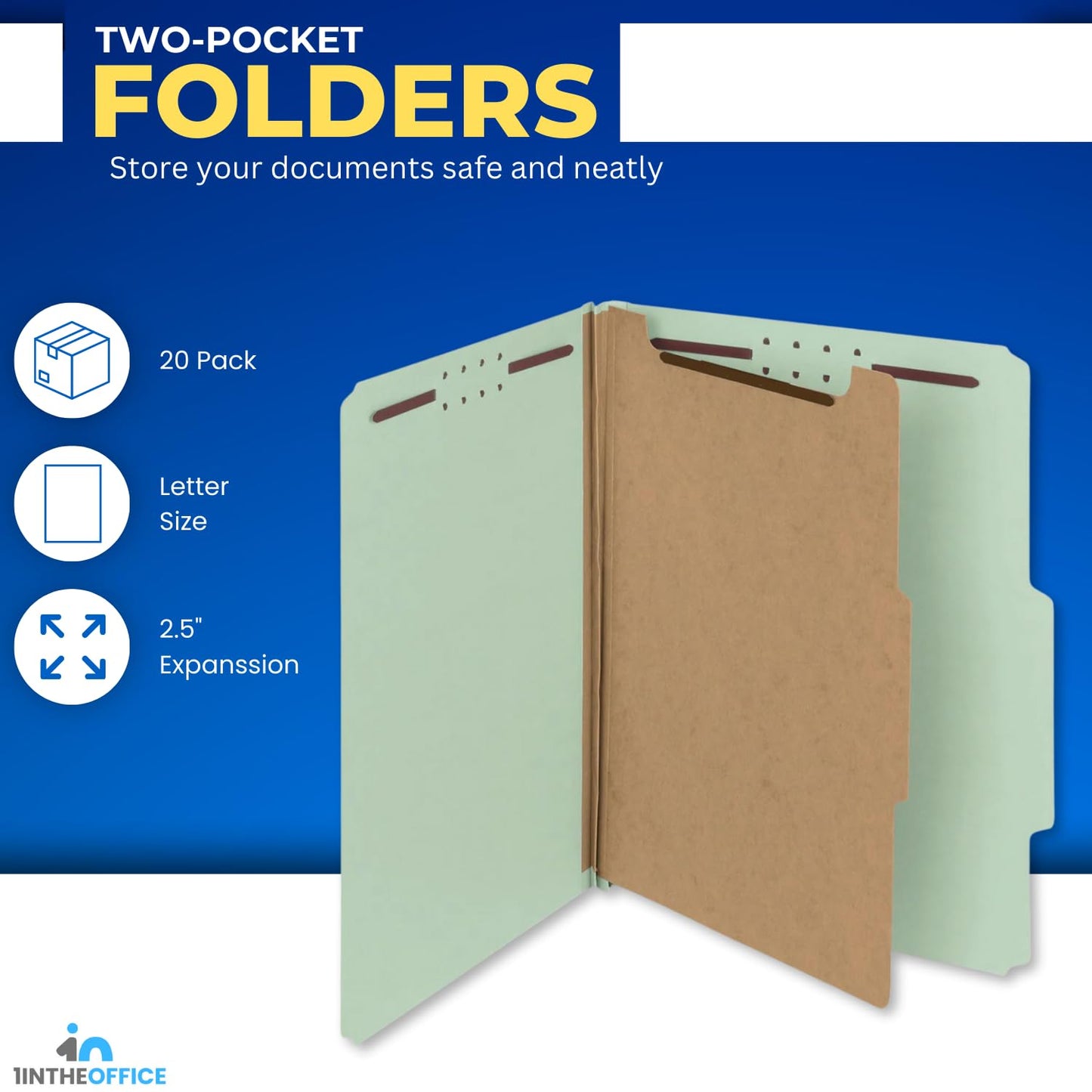 1InTheOffice Classification Folder 2 Dividers Letter Size Green, Pressboard Classification Folders, 2.5" Expansion, 20 Pack