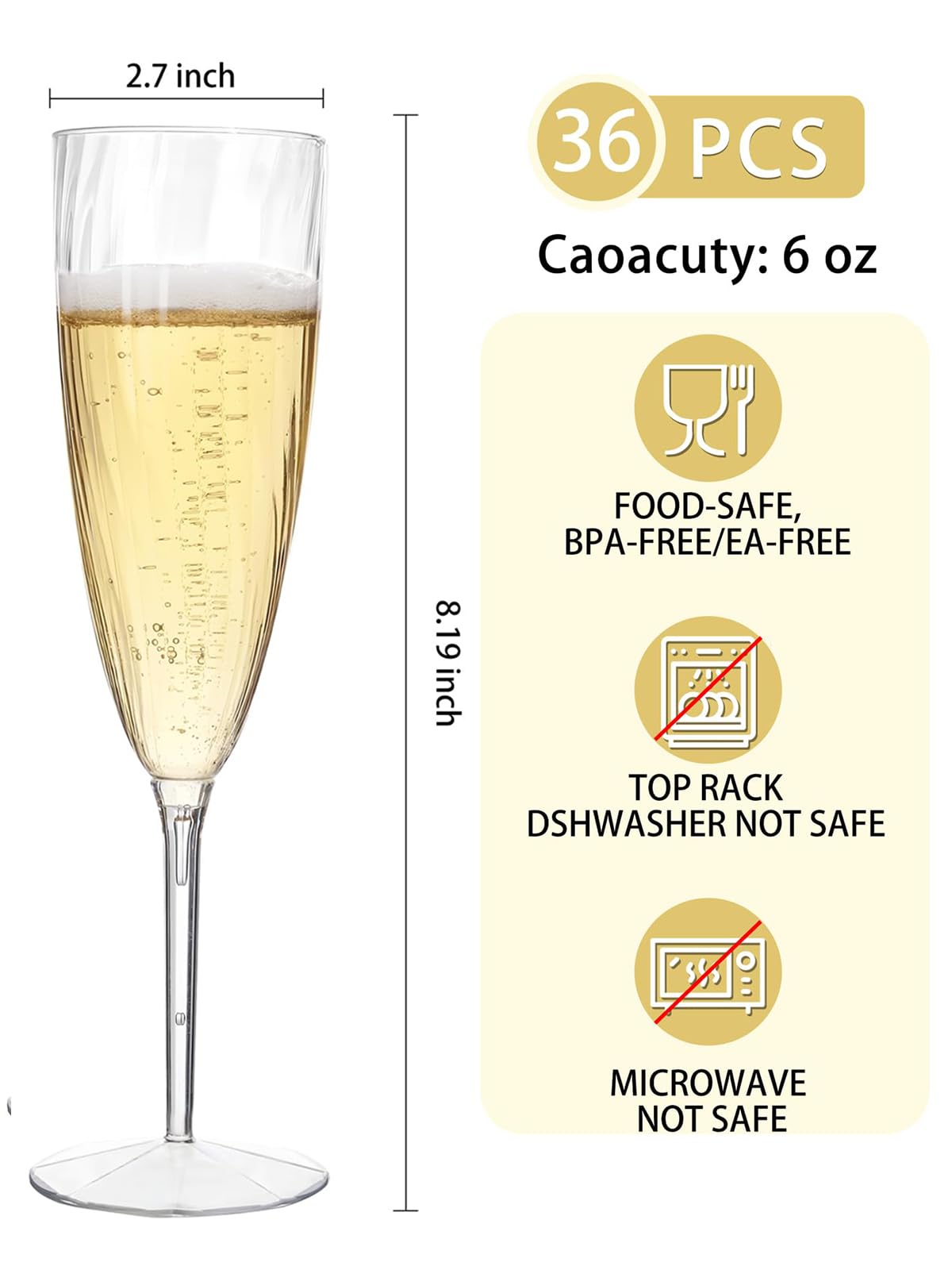 WDF 36PCS Clear Champagne Flutes Plastic - 6 OZ Clear Disposable Champagne Flutes Party Supplies for Wedding/Birthday/Parties