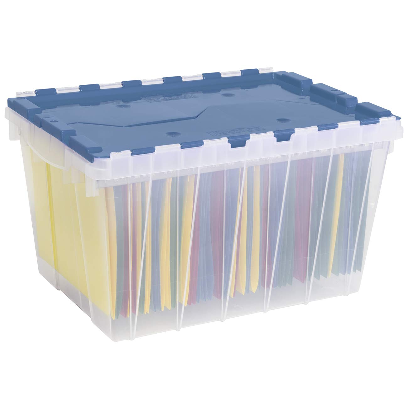Akro-Mils KeepBox 12 Gallon Storage Container, Nesting and Stackable Plastic Storage Box with Lid Attached and Rails for Letter Size Hanging File Folders, 21" x 15" x 12", Clear/Blue