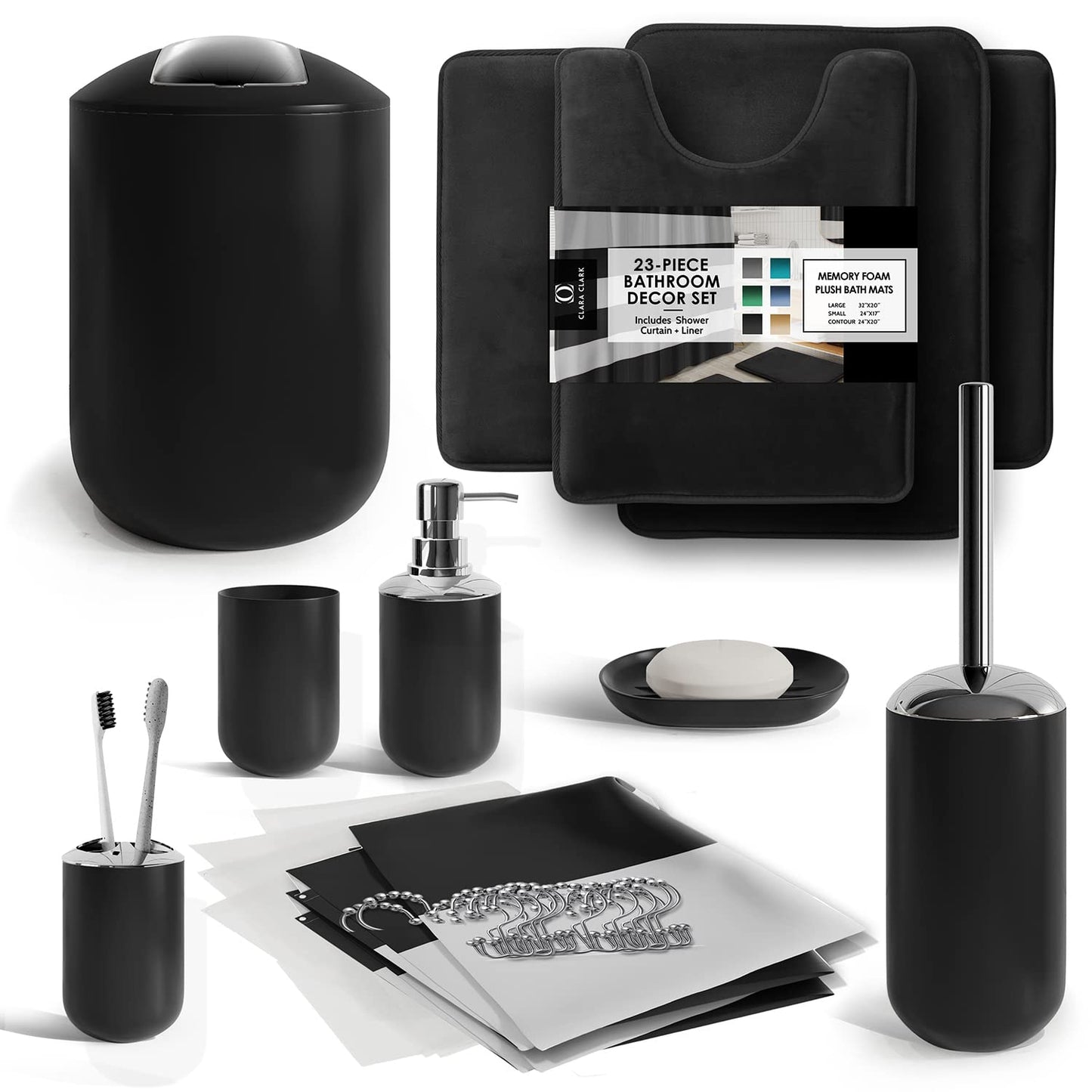 Clara Clark Bathroom Set - Black Bathroom Accessories Set, Bathroom Sets with Shower Curtain and Rugs, 23PC Shower Curtain Set with Liner, Soap Dispenser, Toilet Brush, & Trash Can