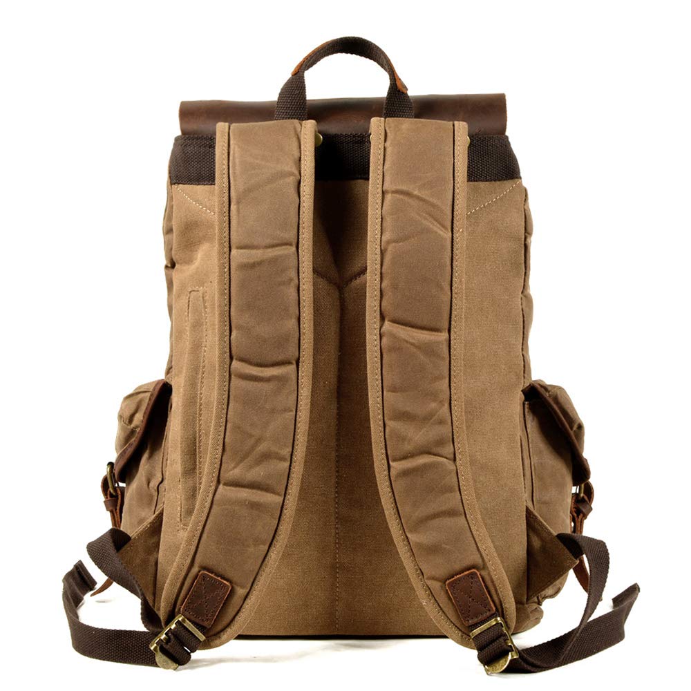 WUDON Leather Backpack for Men, Waxed Canvas Shoulder Rucksack Carry-On Travel Backpack (Khaki)