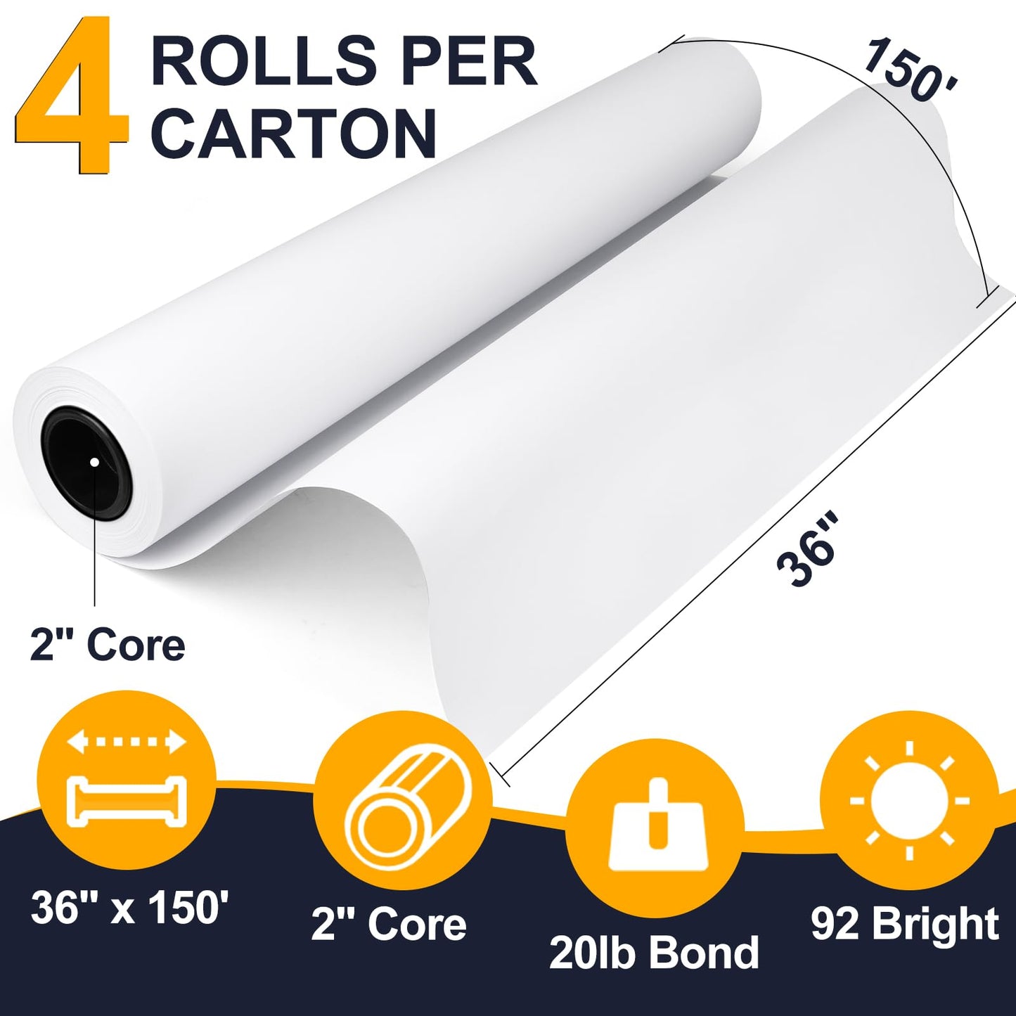 VOISEN Wide Format Paper,4 Rolls Plotter Paper 36 In x 150 Ft, CAD Bond Rolls,20lb,Bond Paper on 2" Core for CAD Printing on Wide Format Ink Jet Printers