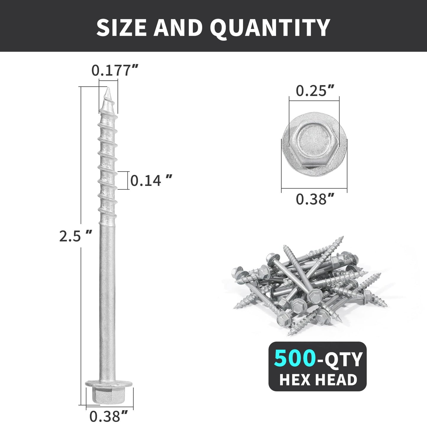 SD Connector Screws, #9 x 2-1/2" Heavy‑Duty Joist Hanger Screws, 1/4" Hex Head Wood Screws, 0.380" Dia Deck Screw, 10D Nails Replacement Screw, Mech Galvanized Wear & Deformation Resistant (500‑Qty)