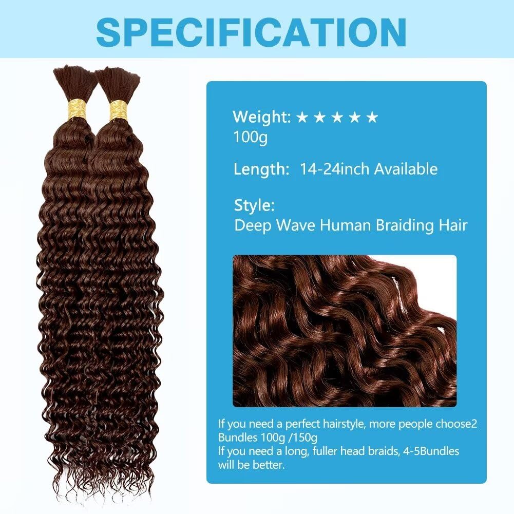 Human Braiding Hair Deep Water Wave Bulk 100g 20 Inch Color4 Curly for Boho Braids Extensions No Weft 2 Braids Per Pack Wet and Wavy Chocolate Brown