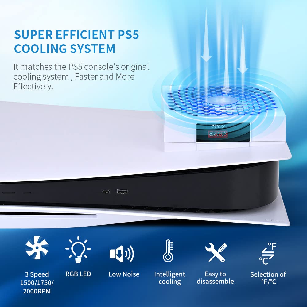 G-STORY PS5 Cooling Fan,PS5 Cooler System, Fan Speed Automactically Adjusted by Temperature(℃/℉), Low Noise, 3 Speed 1500/1750/2000RPM (140MM) with RGB LED (White)