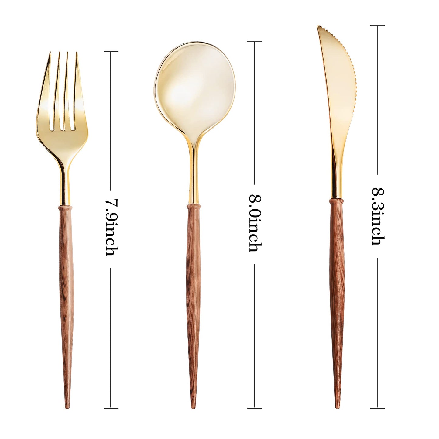 Lullaby 240PCS Gold Plastic Silverware, Gold Disposable Cutlery with Wood Grain Handle Include 80 Forks, 80 Spoons, 80 Knives, Elegant Disposable Silverware for Wedding, Party, Gathering, Daily Use