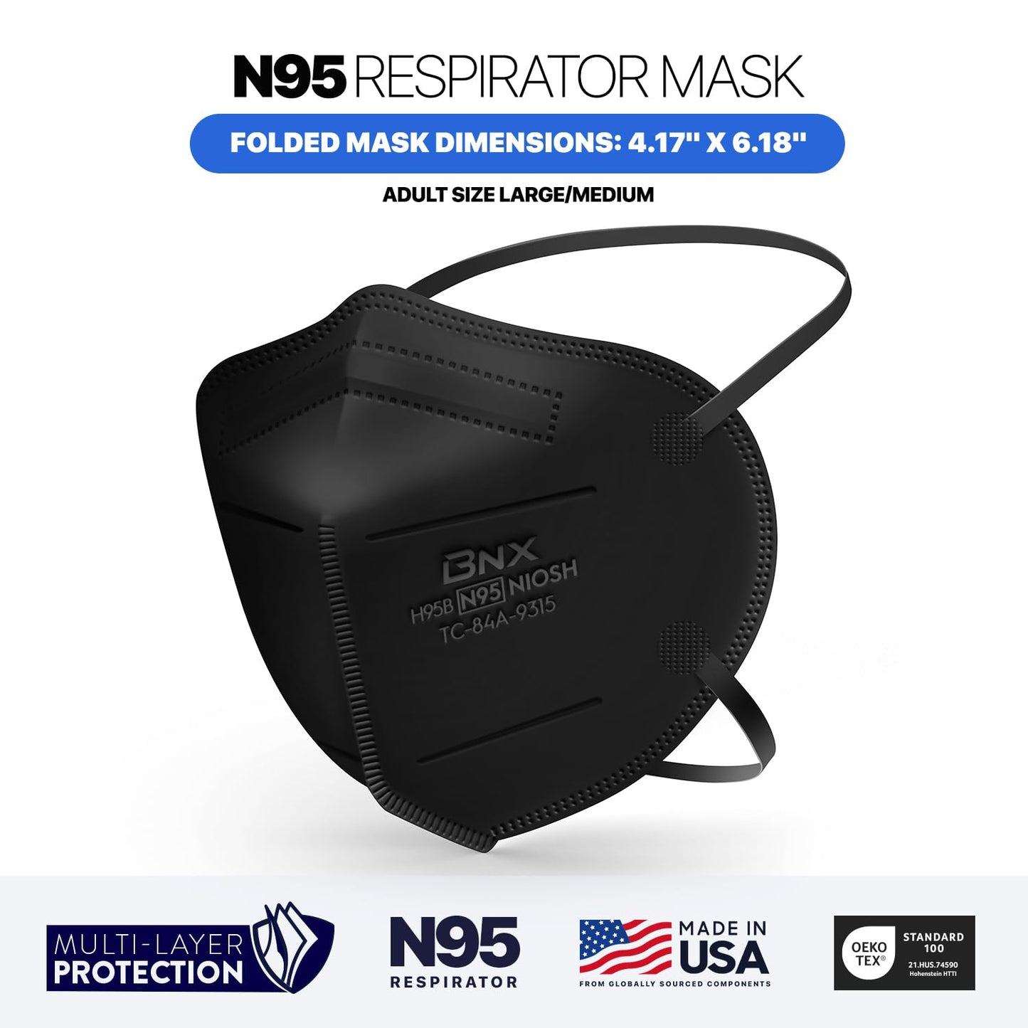 AccuMed BNX N95 Mask Black NIOSH Certified MADE IN USA Particulate Respirator Protective Face Mask (50-Pack, Approval Number TC-84A-9315 / Model H95B) Black
