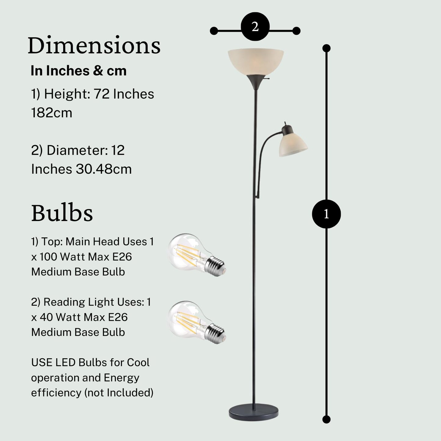 Adjustable Black Floor Lamp with Reading Light, Tall Lamp for Living Room, Bedroom, Office, Susan 72" Standing Lamps for Living Room, Corner Light, Stand Lamp, Floor Lamps for Living Room Modern