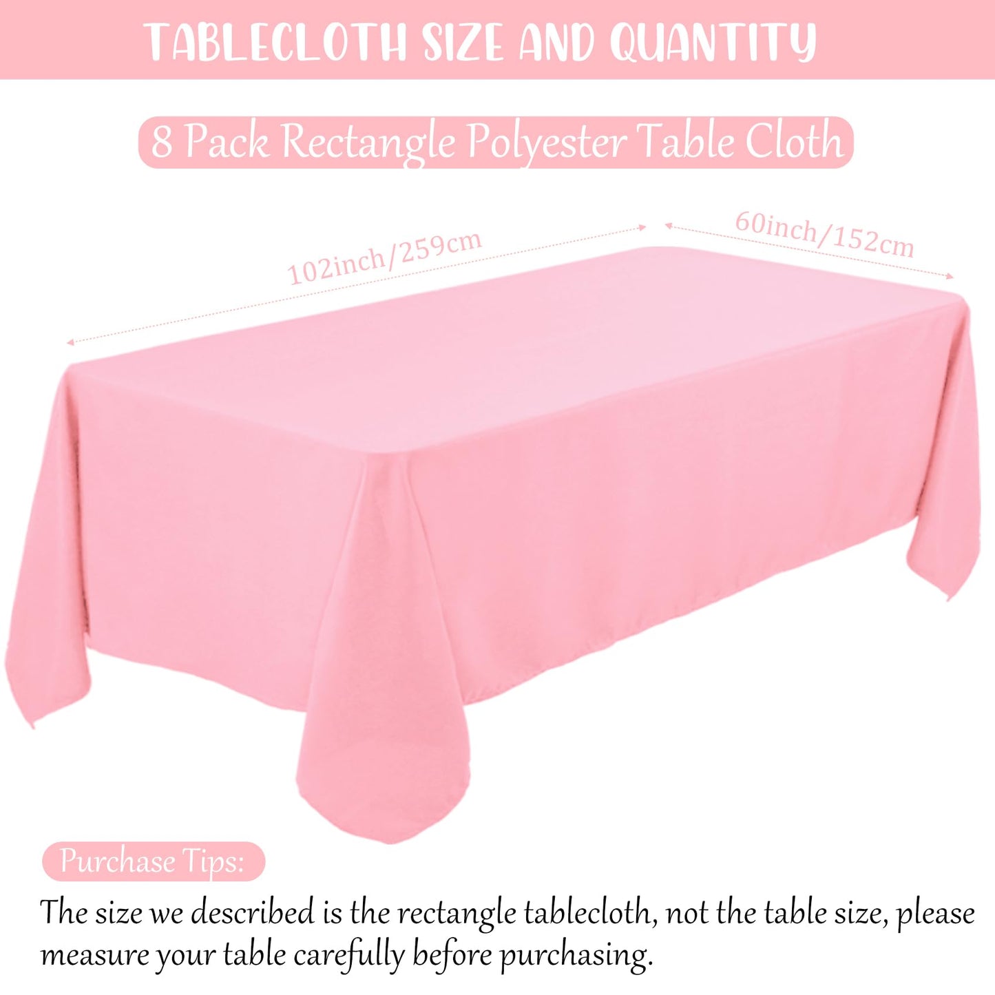 8 Pack Premium Pink Tablecloth 60 x 102 Inch, Rectangle Table Clothes for 6 Foot Rectangle Tables Washable Polyester Fabric Table Covers for Wedding Party Reception Banquet Buffet