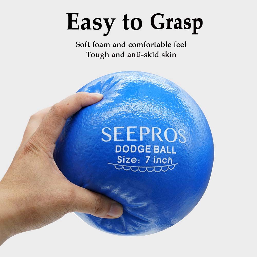 N-A SEEPROS Foam Dodgeball Set - Soft Skin, Low Bounce, Set of 6 with Mesh Storage Bag for Kids and Adults(7 inch)