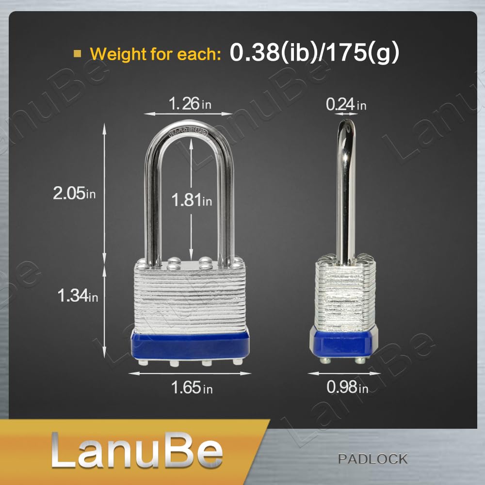 LanuBe Lock Laminated Steel Keyed Padlock,Keyed Alike Locks, Long Shackle Padlock,Pack of 12