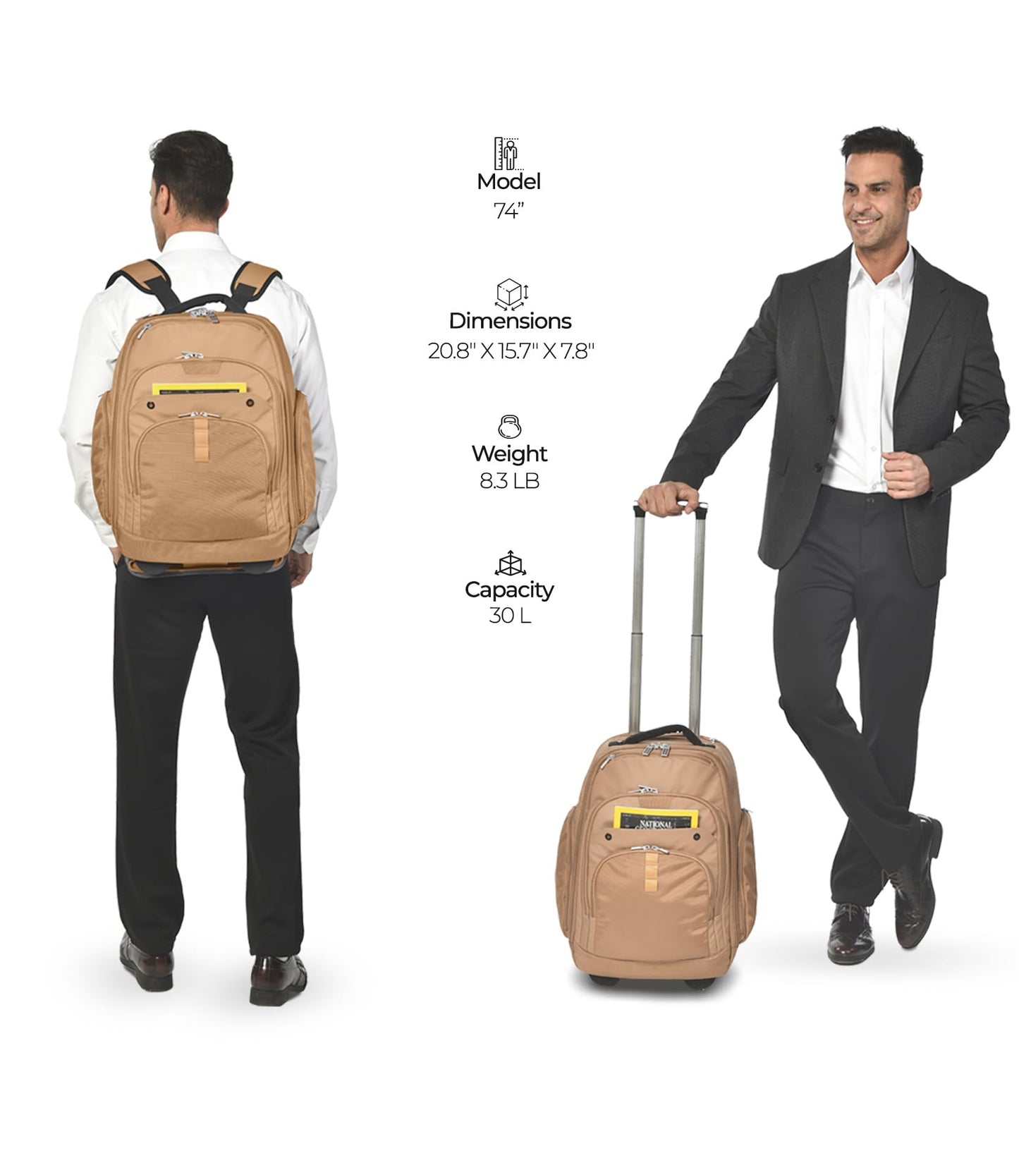 Rolling Laptop Bag with Wheels, Adjustable 13-17.3 Inch Computer Travel Backpack for Men & Women, Wheeled Work Bag, Carry-on Luggage