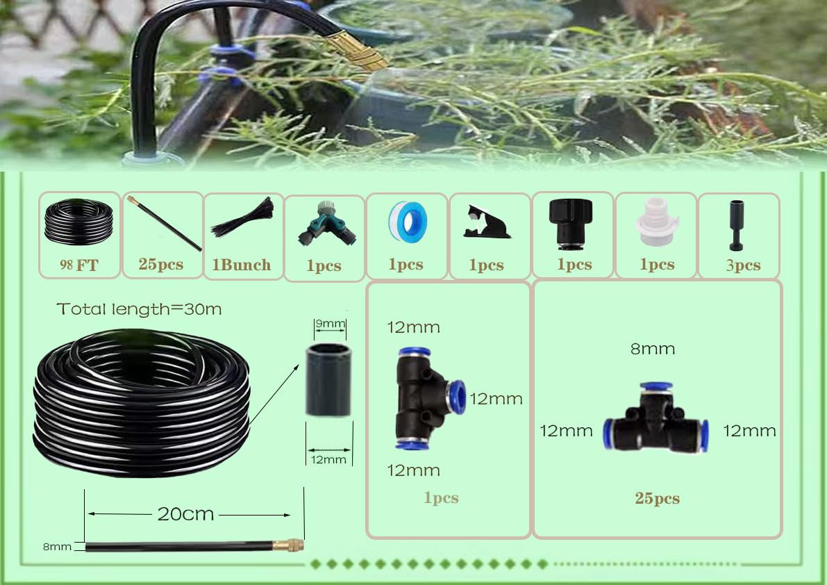Drip Irrigation Kit,Automatic Garden Watering System with New Quick Connectors and 360-degree Bending Dropper Atomizing Nozzles for Watering System for Garden Plant Lawn Patio. (25 Nozzles)