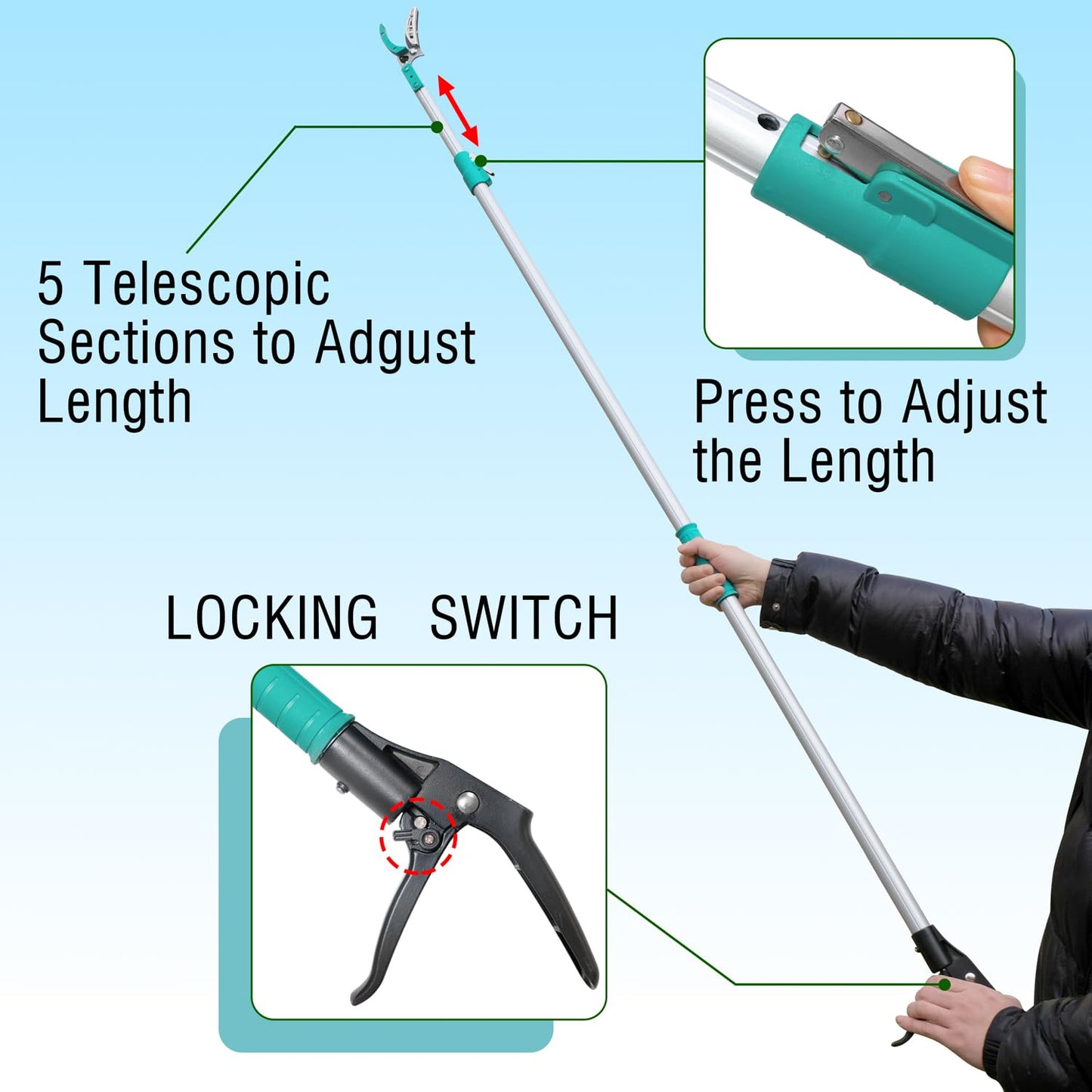 Altdorff Tree Pruner Extendable, Tree Trimmers Long Handle Pruner, Extra Length to 10ft, Telescopic Pole Pruner with Rotate Head, Smooth Clean Cut, Ideal For Removing High Branches and Fruit Picking