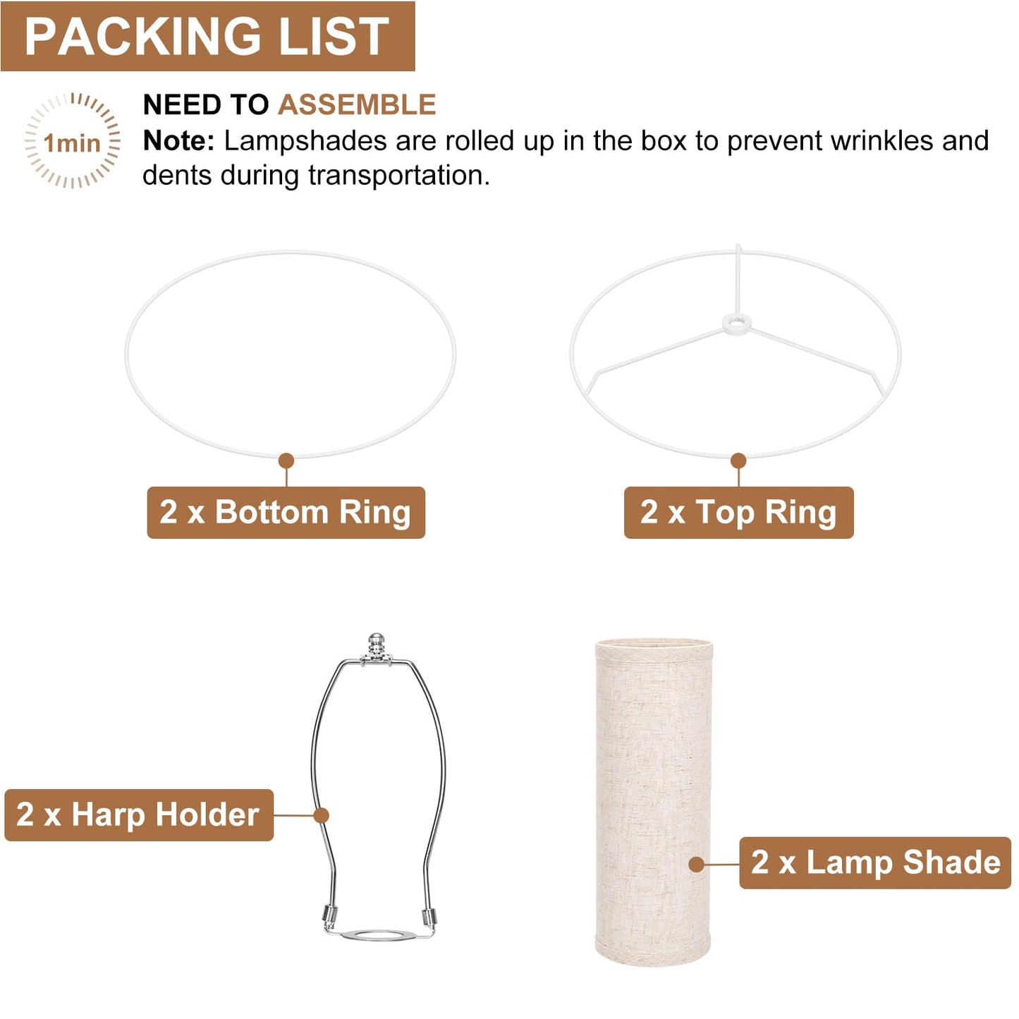 Tall Drum Lamp Shades Set of 2, 10"Top x10" Bottom x 13"High, Beige Lampshade for Table Lamp Floor Lamp, Replacement Lampshades Natural Linen Handcrafted, Spider, Harp Holders Included, Easy Assembly
