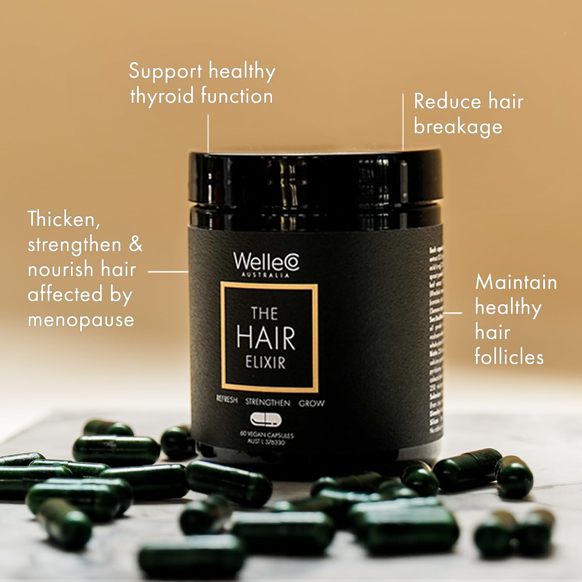 WelleCo The Hair Elixir Vegan Hair Care Supplement with Biotin, Iron, Zinc & Rhodiola, Promotes Hair Growth & Thickness and Helps Reduce Breakage, Gluten Free Hair Skin and Nails Vitamins, 60 Capsules