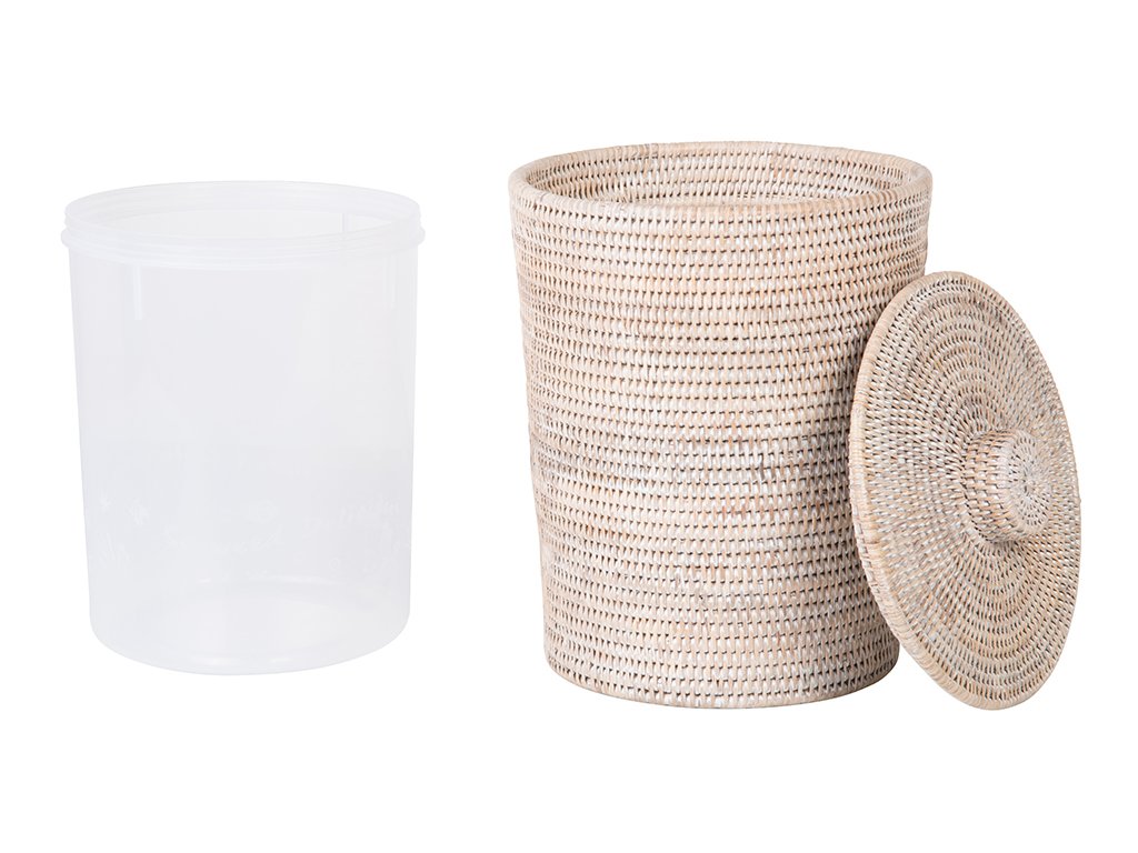 Kouboo La Jolla Rattan Round Plastic Insert & Lid, Dorm Waste Basket, Bedroom, Living Room, Bathroom Basket for Dry Organic, Home Decor, Large White-Wash