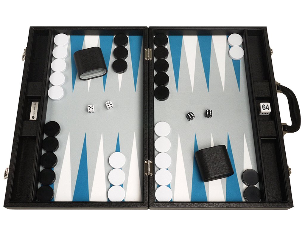 19-inch Premium Backgammon Set - Large Size - Black with White and Astral Blue Points