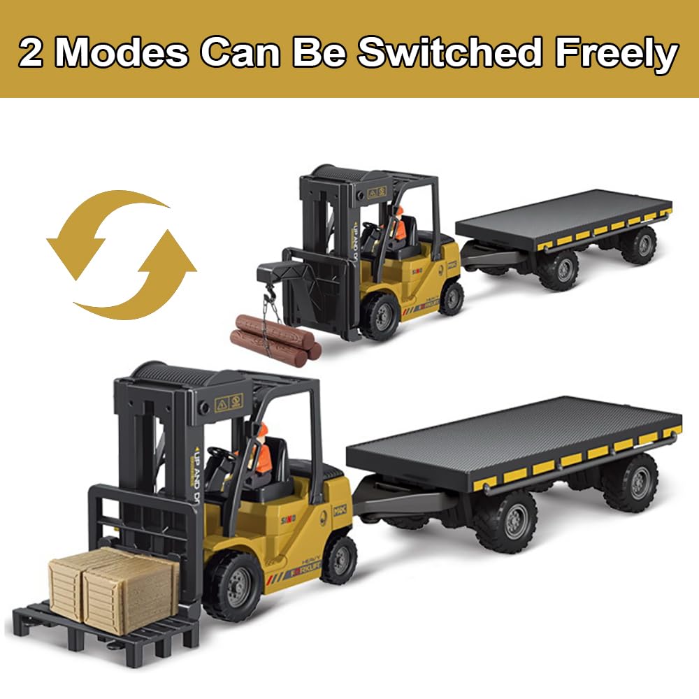 KNACKTOYZ Remote Control Forklift with Flatbed Truck, 11 Channel RC Forklifts with Spray, Cool Lights & Sound, 2 in 1 Lift Fork & Hook, Crane Construction Toys for Boys, Birthday Gift for Kids 3+