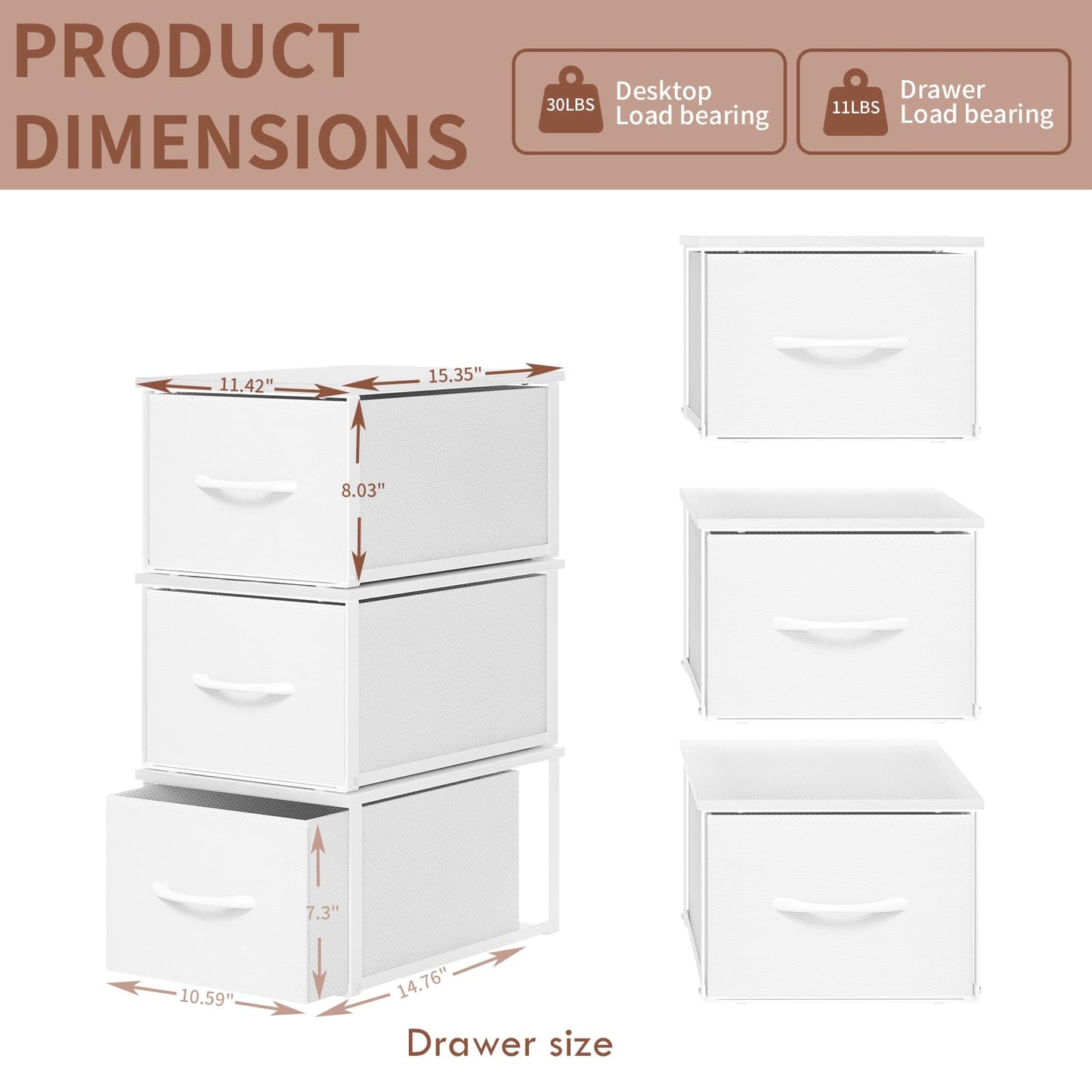 X-cosrack 3 Packs Individual Stackable Storage Drawers with Wood Top for Closet, Small Stacking Closet Organizer with Drawers, Metal Frame 3 Fabric Storage Drawer Bins for Bedroom, Under Bed, White