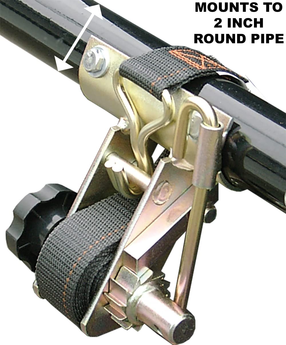 2 Pack, Rack-Strap, The Original American Made Ladder Rack Tie-Downs, Round Mounting Bracket, RS3 Gold 2 Inch Diameter Round Mounting Bracket, Bolt Mounting Hardware Included, 8 Foot Black Strap