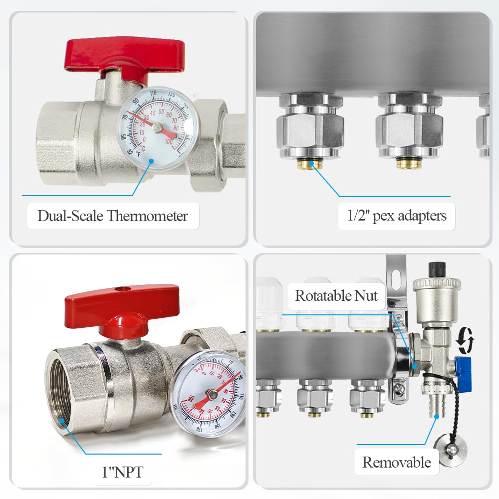 AB 12 Loop PEX/Radiant Manifold, 1/2 Inch Compatible Outlets, Up to 1.4 GPM Flow Valve for Hydronic Radiant Floor Heating (1/2" Connectors Included)