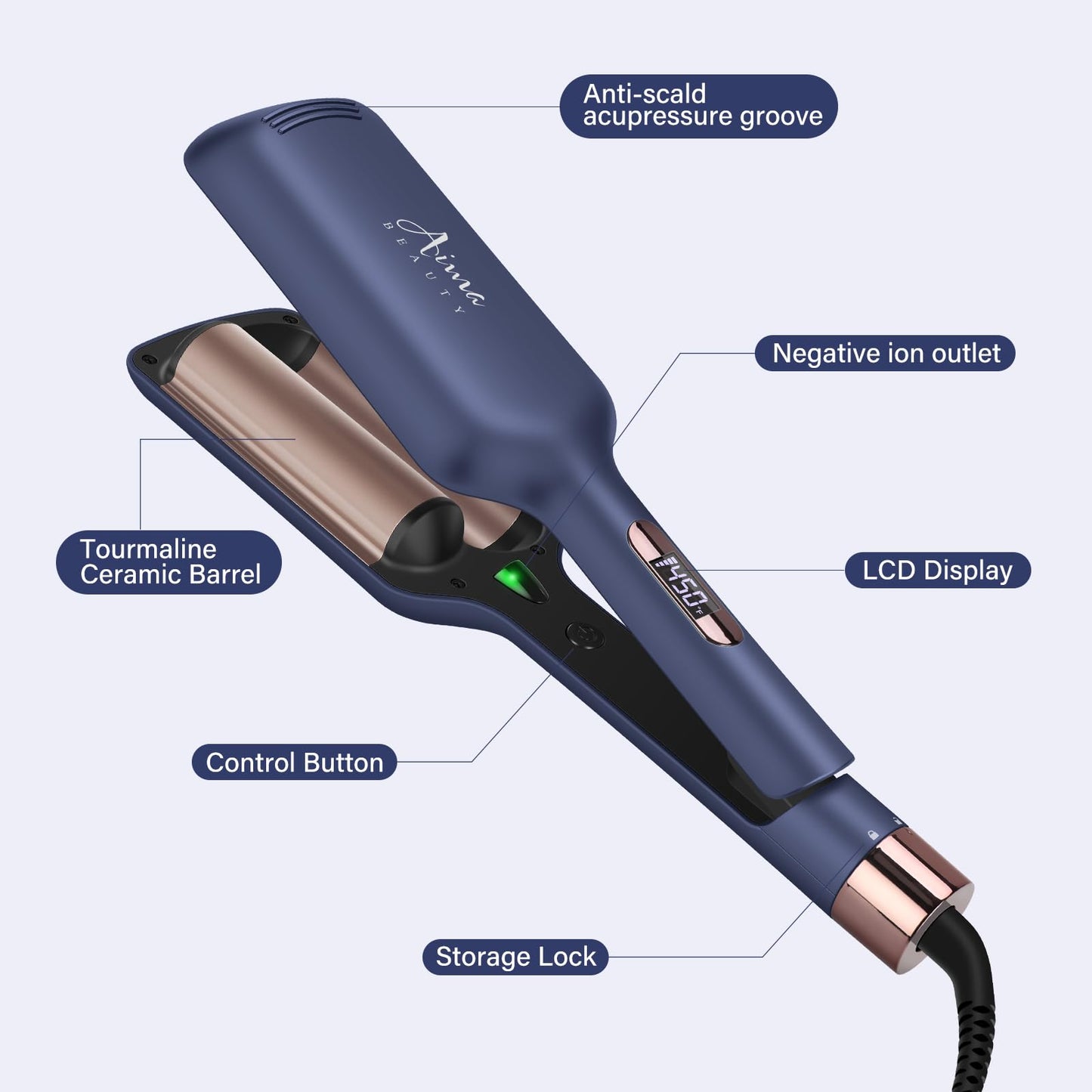 32mm (1.25") Aima Beauty Twins Mermaid Hair Waver, Anti-Scald Hair Crimper 2 Barrel, Beach Wave Curling Iron, Curling Wand with Storage Lock 15S Heats Up for Short/Medium/Long Hair Prussian Blue