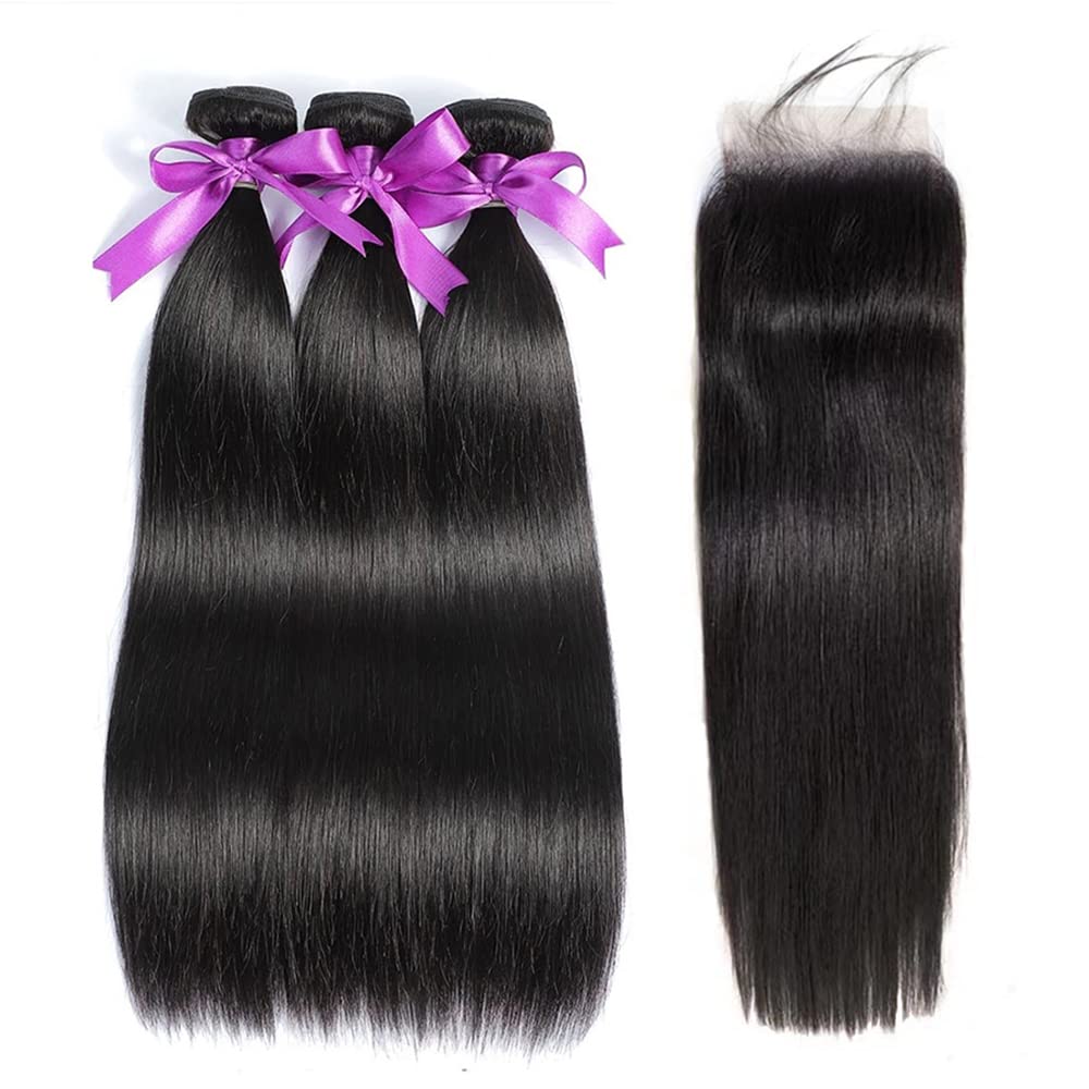 Straight Bundles with Closure Human Hair 20 22 24+18 Brazilian Human Hair Bundles with Closure Straight 100% Unprocessed Virgin Weave Hair Bundles with Closure 10A Bundles Human Hair with Lace Closure