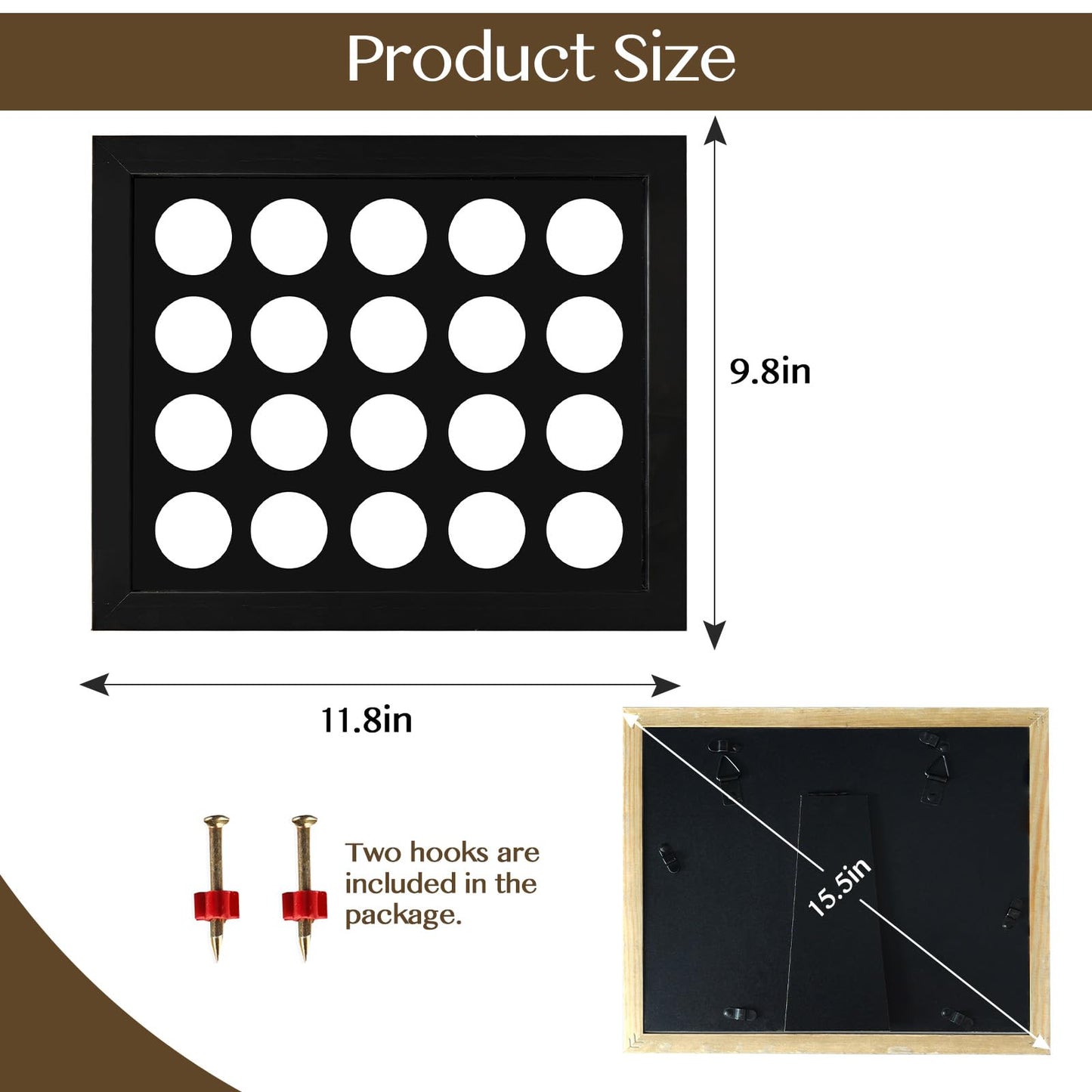 Poker Chip Display Frame for 20 Chips, 11.8"x9.8" with EVA Foam Lining & Black Flocked Fabric, Wall Mount or Tabletop Display