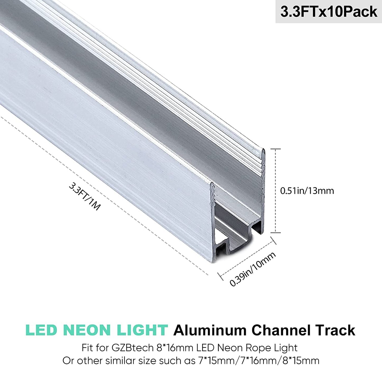 GZBtech 10 Pack Neon Rope Light Aluminum Channels, U-Shape Track Mounting Channels Mounting Bracket for 0.31''x0.63" Single Color LED Neon Rope Lights