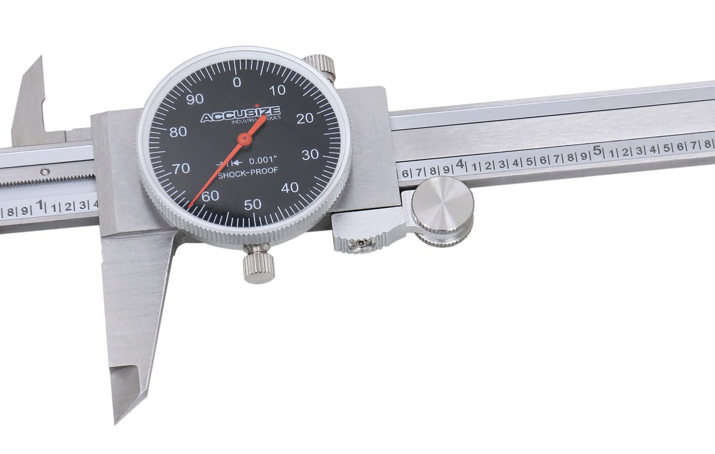 Accusize Industrial Tools 0-6" x 0.001" (Range x Resolution) Dial Caliper, Black Face Red Needle, Stainless Steel in Fitted Box, P920-B216