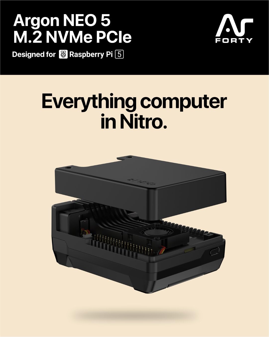 Argon NEO 5 M.2 NVME PCIE Case for Raspberry Pi 5 | Aluminum case with Built-in Fan