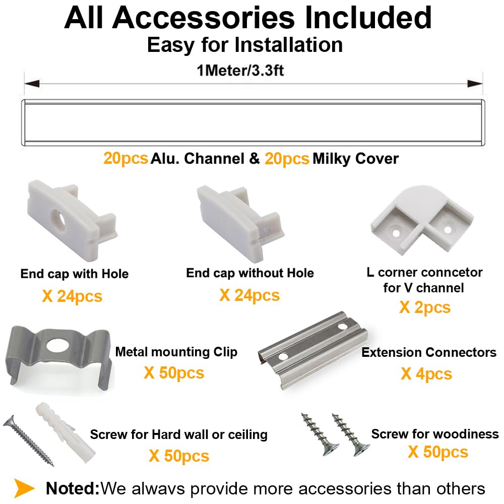 hunhun 20-Pack 3.3ft/1Meter U Shape LED Aluminum Channel System with Milky Cover, End Caps and Mounting Clips, Aluminum Profile for LED Strip Light Installations, Very Easy Installation