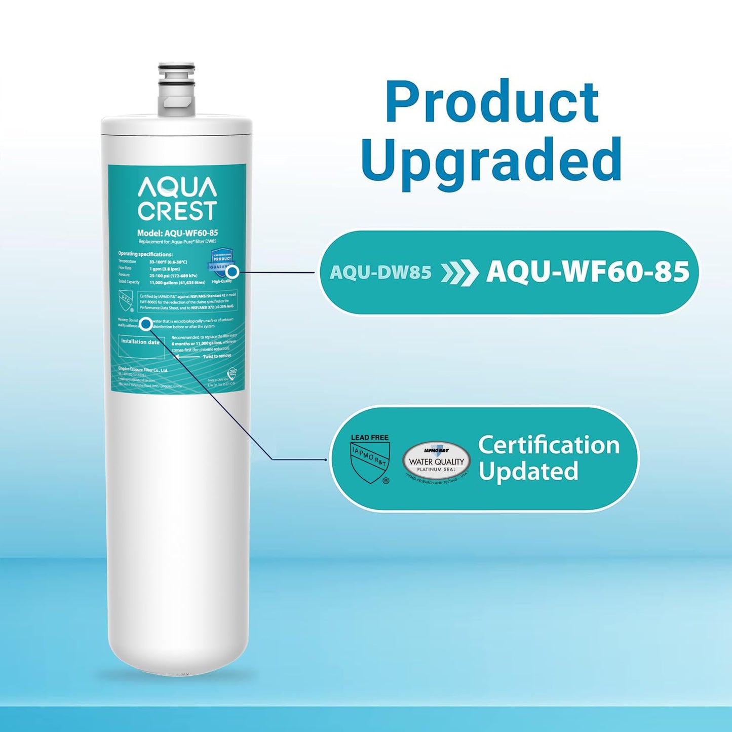 AQUACREST DW85 Under Sink Water Filter, Replacement for 3M® AP-DW85, 5584408, AP-DWS700, Cuno® CFS8112, CFS8812X-S, CFS8720, KOHLER® K-201-NA, KOHLER® K-202-NA, Model No. WF60-85