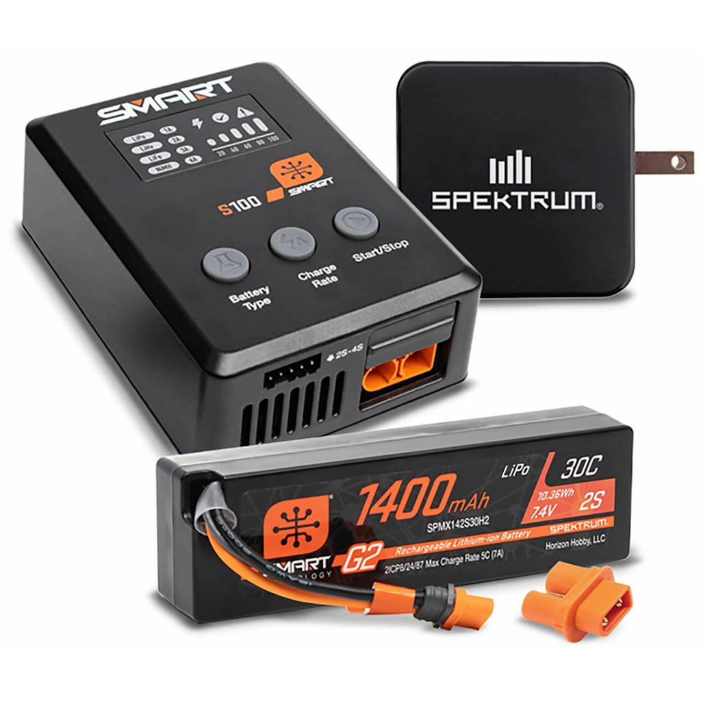 Spektrum Accessories Smart Powerstage Bundle: 1400mAh 2S 30C LiPo Battery (IC2) / S100 Charger / 65W Power Block/Adapter, SPMXPSS215