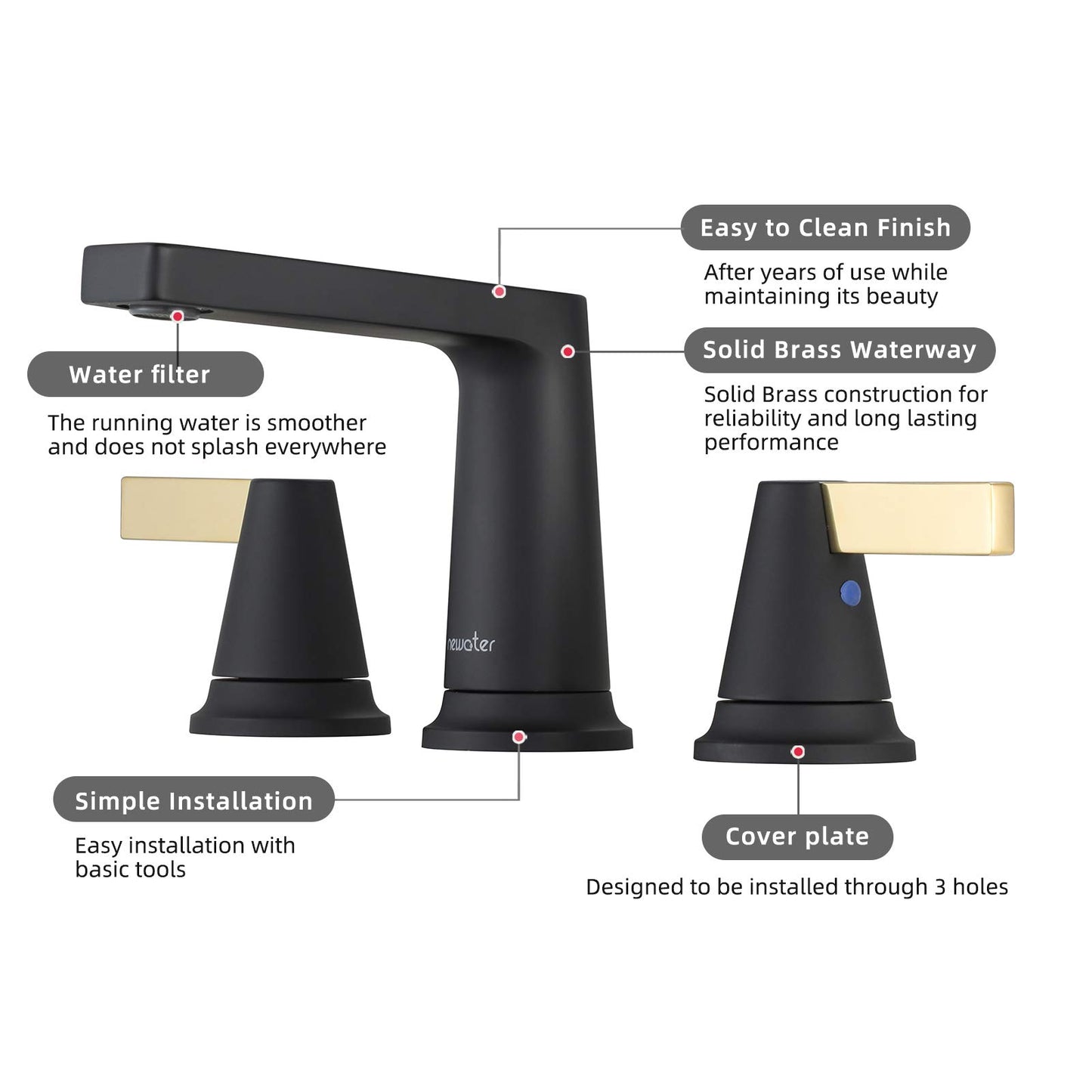 NEWATER Matte Black Brass Bathroom Faucet,2-Handle 8-Inch Widespread Modern Bath Black Bathroom Sink Faucet 3-Hole Rv 8" Vanity Faucets with Metal Pop-up Sink Drain & Faucet Supply Lines