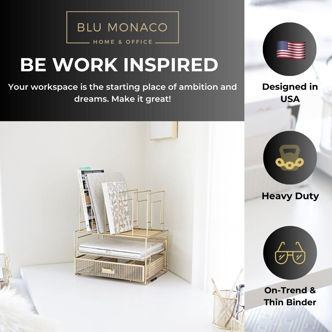 BLU MONACO Gold Workspace Desk Organizer and Accessories – Desktop Rack with File Sorters and Drawer for Office Supplies, Papers, Devices, and Folders