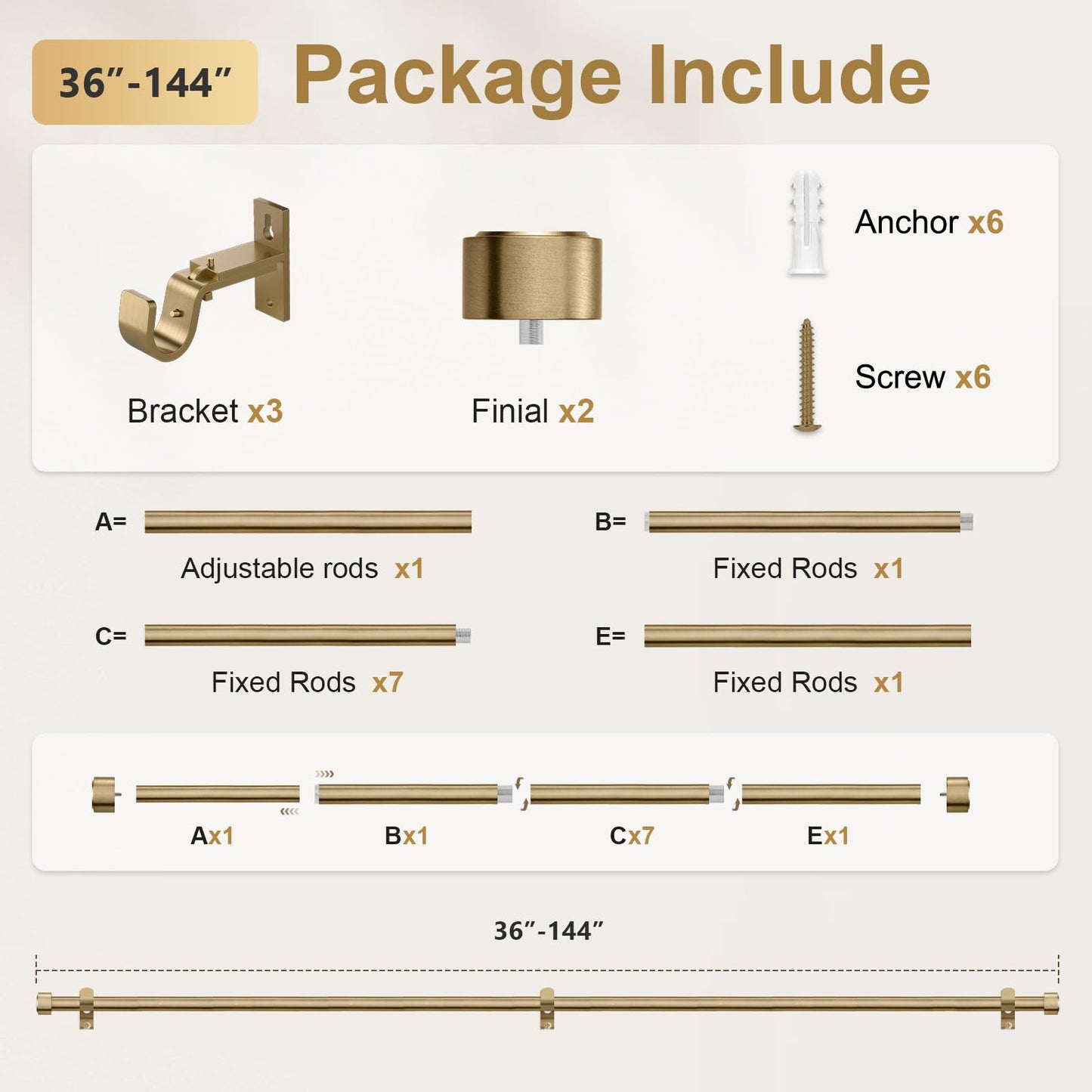 Warm Gold Brass Curtain Rod 36-144 Inches Adjustable, 1" Diameter Heavy Duty Window Rod with Solid Aluminum Finials & Heavy Duty Brackets for Bedroom Living Room Kitchen