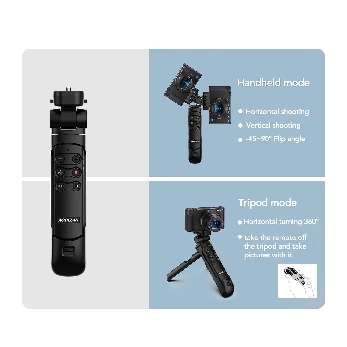 AODELAN Wireless Shooting Grip Tripod with Remote Control for Vlogging, for Sony ZV-E10,ZV-1F, ZV-E10 II, a6100, a6400, a6600, a7 III, a7R III, a7R IV, a9, a9 II, Replace Sony GP-VPT2BT